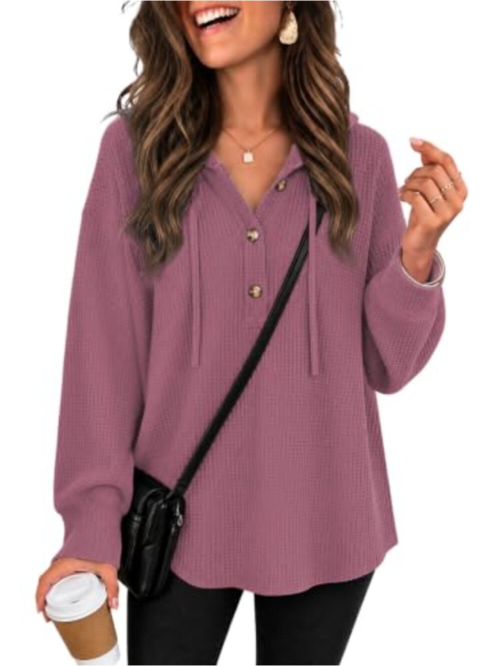 Womens Waffle Knit Hooded Tunic Top Long Sleeve V-Neck A-Line Sweatshirt
